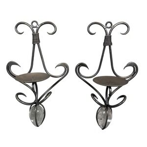 2 Antique Hand Forged Iron Wall Sconces Candle Holders 14"Crystal Accent‎ Gothic